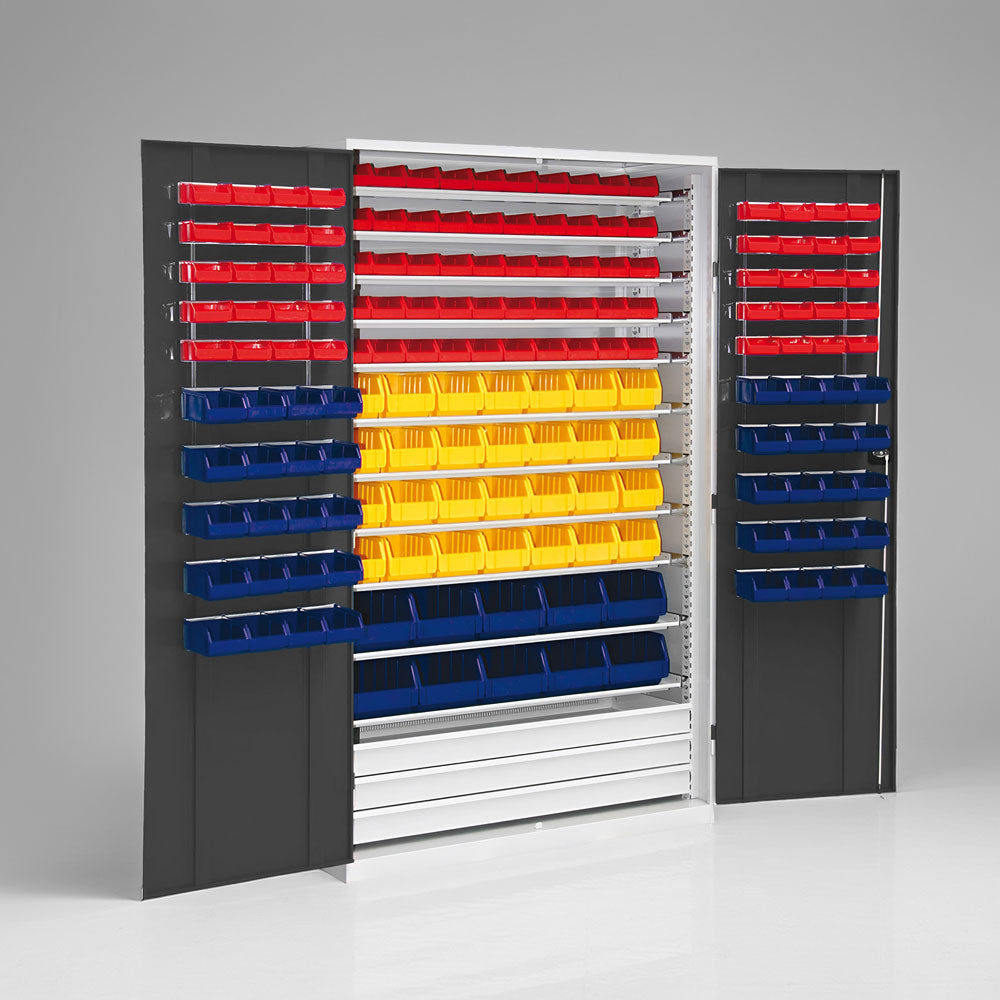 Regalschrank mit höhenverstellbaren Fachböden & Schubladen für Sichtlagerkästen, individuell konfigurierbar in 28 Farben