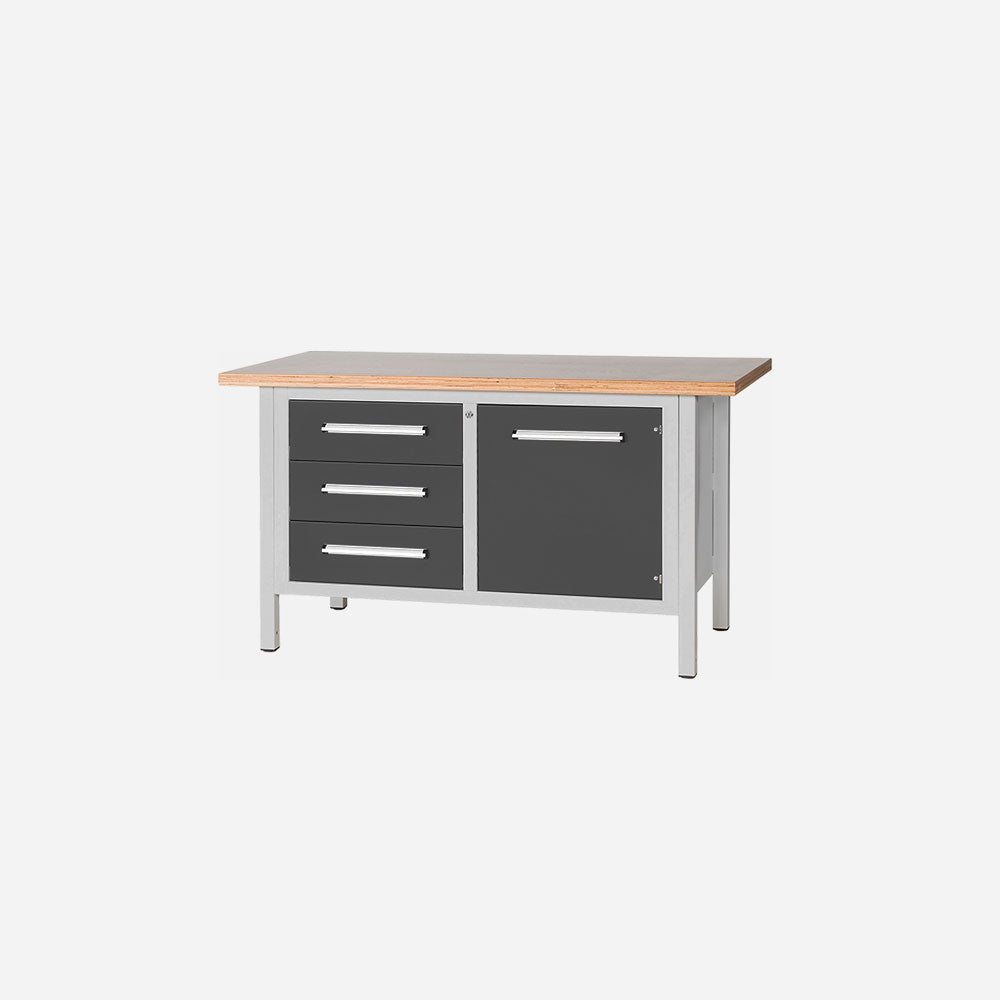 Robuste Werkbank für Werkstatt und Garage in 1500mm und 2000mm, individuell anpassbar in 28 Farben, mit Schubladen und Fachböden für Ordnung.