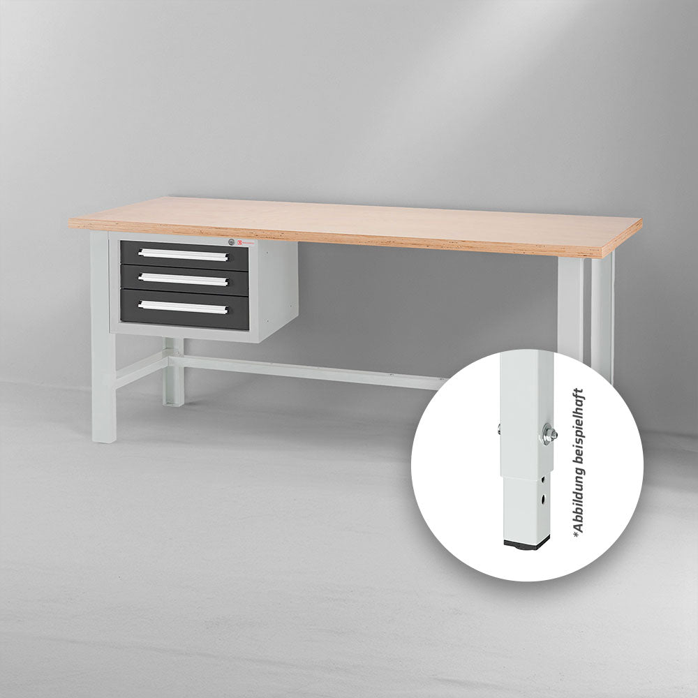 Höhenverstellbarer Arbeitstisch 2000 380/3 mit Hängeschrank & 3 Schubladen – viel Stauraum für Werkstätten.
