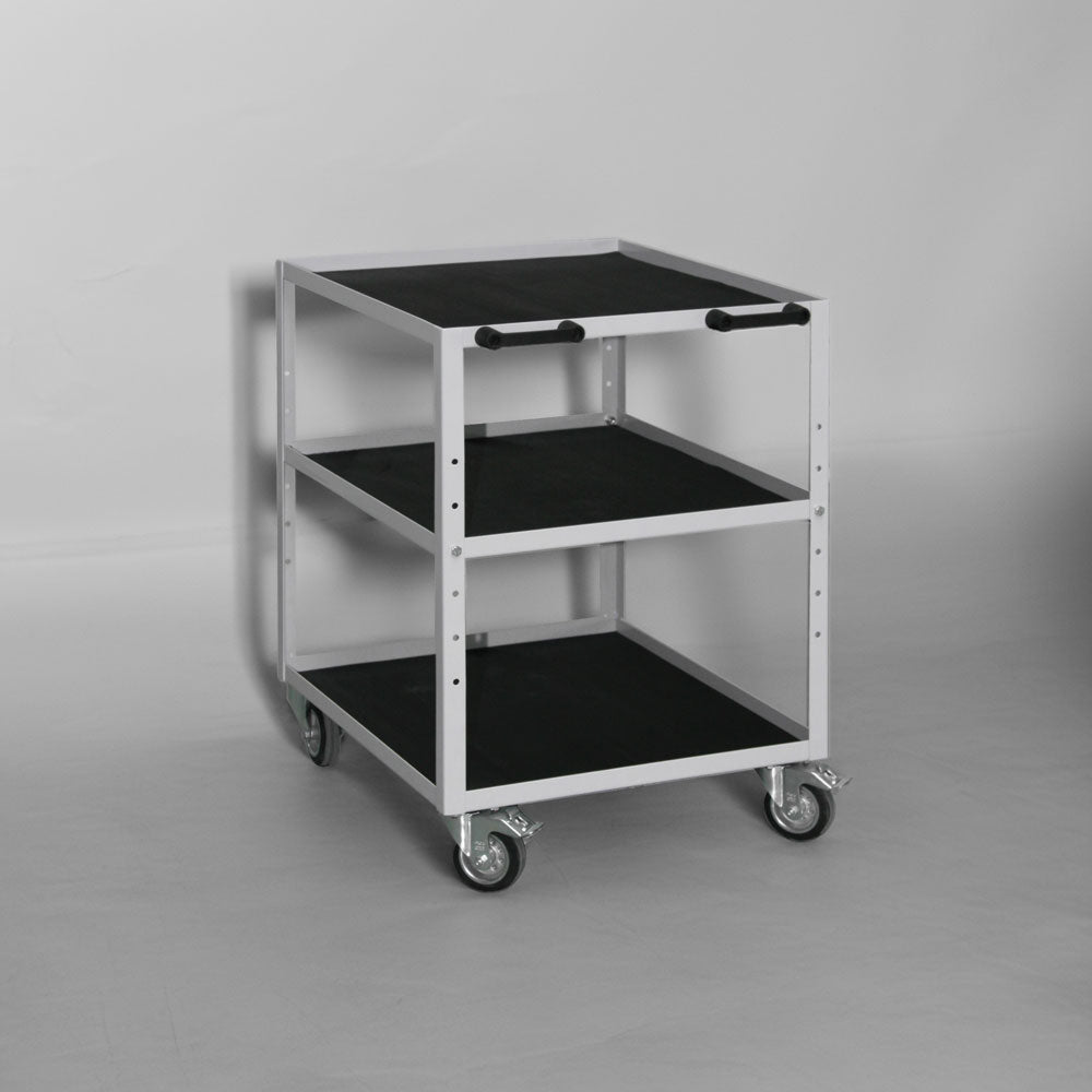 Montagewagen Mod 1 – Rollcontainer mit 3 Ablageböden und höhenverstellbarem Fachboden, in 28 Farben konfigurierbar.