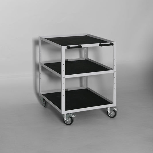 Montagewagen Mod 1 – Rollcontainer mit 3 Ablageböden und höhenverstellbarem Fachboden, in 28 Farben konfigurierbar.
