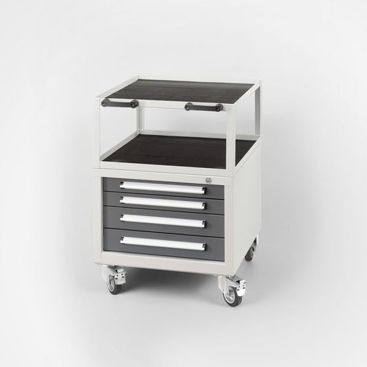 Montagewagen 380/4 – Rollcontainer mit 4 Schubladen und 2 Ablageböden, in 28 Farben konfigurierbar.