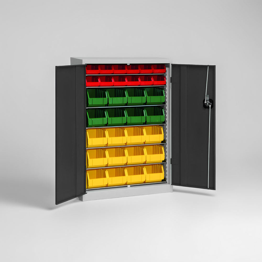 Regalschrank mit höhenverstellbaren Fachböden & optional bestückt mit Sichtlagerkästen, individuell konfigurierbar in 28 Farben