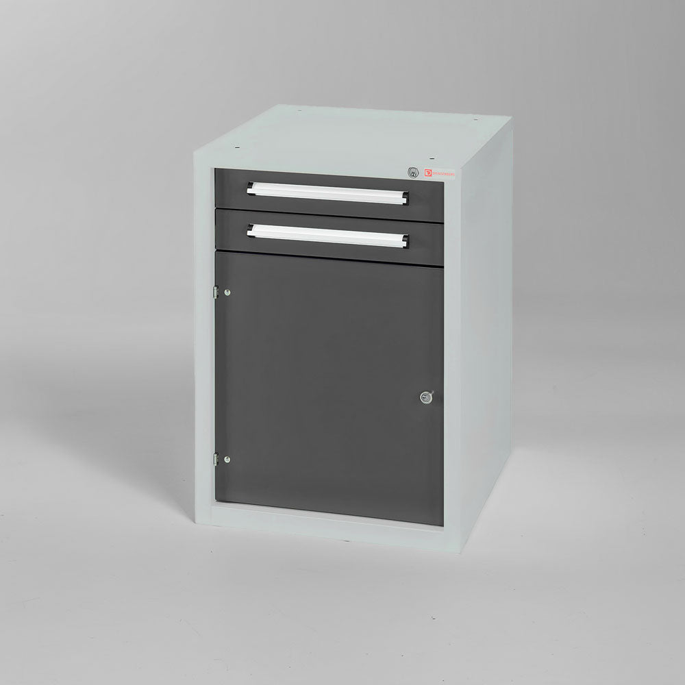 Unterbauschrank 800 T/2 - Flexibler Schrank mit Tür und Schubladen für Werkstätten. Individuell in 28 verschiedenen Farben nach Wunsch konfigurierbar. Für Arbeitstische geeignet.